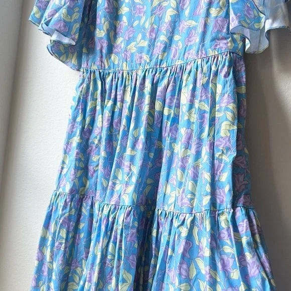Coco Shop Short Sleeve Bell Sleeve Tiered V Neck MIDI Dress Blue Floral Sz S
